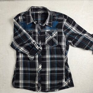 RJ Black Plaid Shirt Mens Large Snap Front Embroidered Slim Fit Excellent